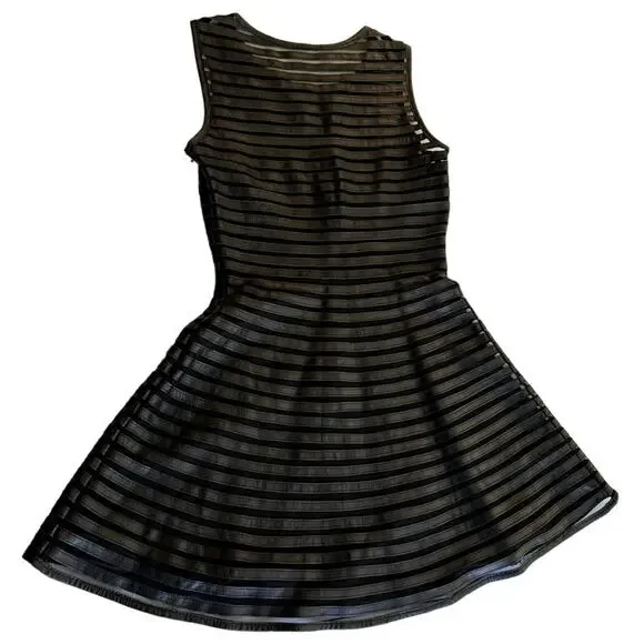 Parker Black Leather Stripe Mesh Panel Sleeveless Fit & Flare Mini Dress  Size XS